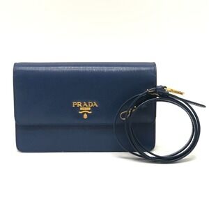 PRADA 1BP016 Logo Wallet Mini Bag Party Pochette Shoulder Leather Women's Blue